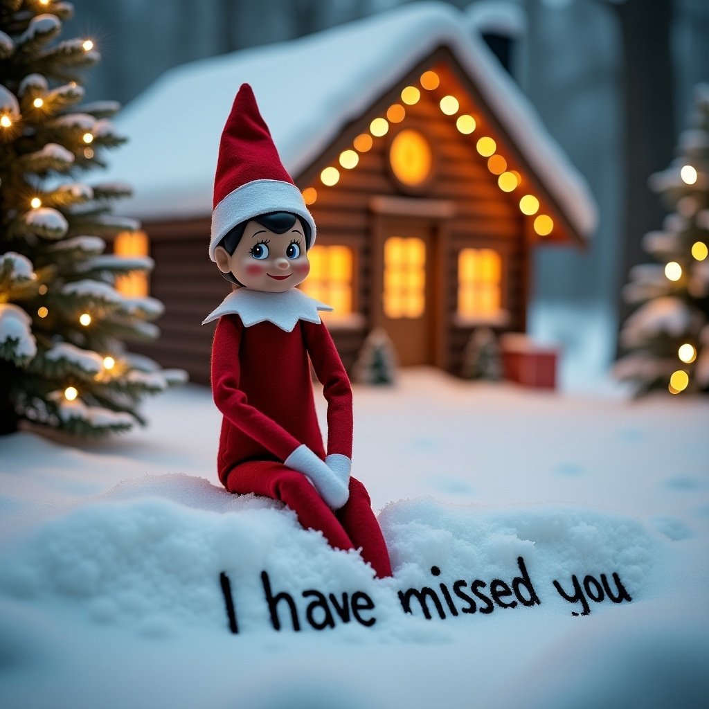 An elf on the shelf sits happily in a snowy landscape. He wears a bright red outfit with a white collar and a festive hat. Behind him stands a cozy, warmly lit cabin that adds to the magical holiday atmosphere. The ground is beautifully covered in soft white snow, where he writes a heartwarming message. Surrounded by evergreen trees adorned with twinkling lights, the scene captures the peacefulness and joy of the Christmas spirit, aiming to evoke feelings of nostalgia and warmth among viewers.