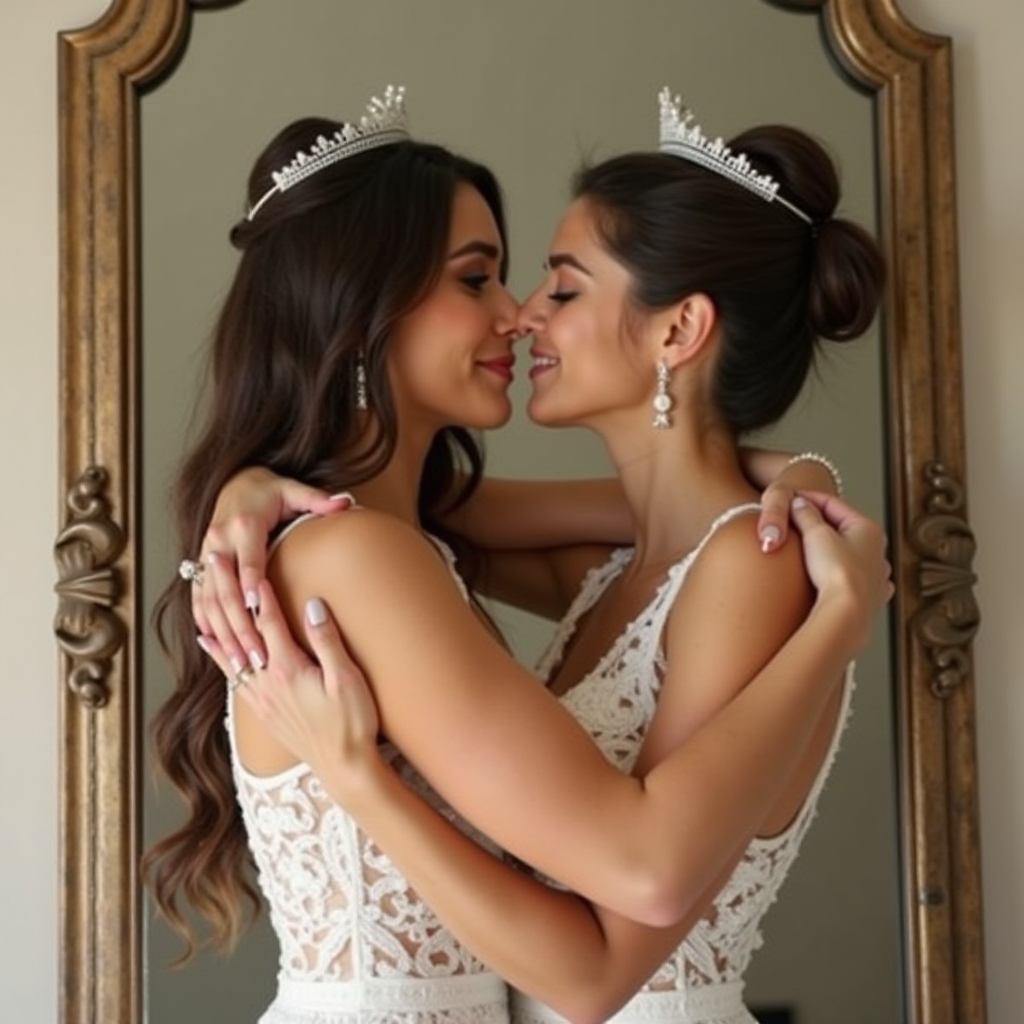 Two brides in matching white dresses share an intimate moment, wearing tiaras and embracing in front of a mirror.