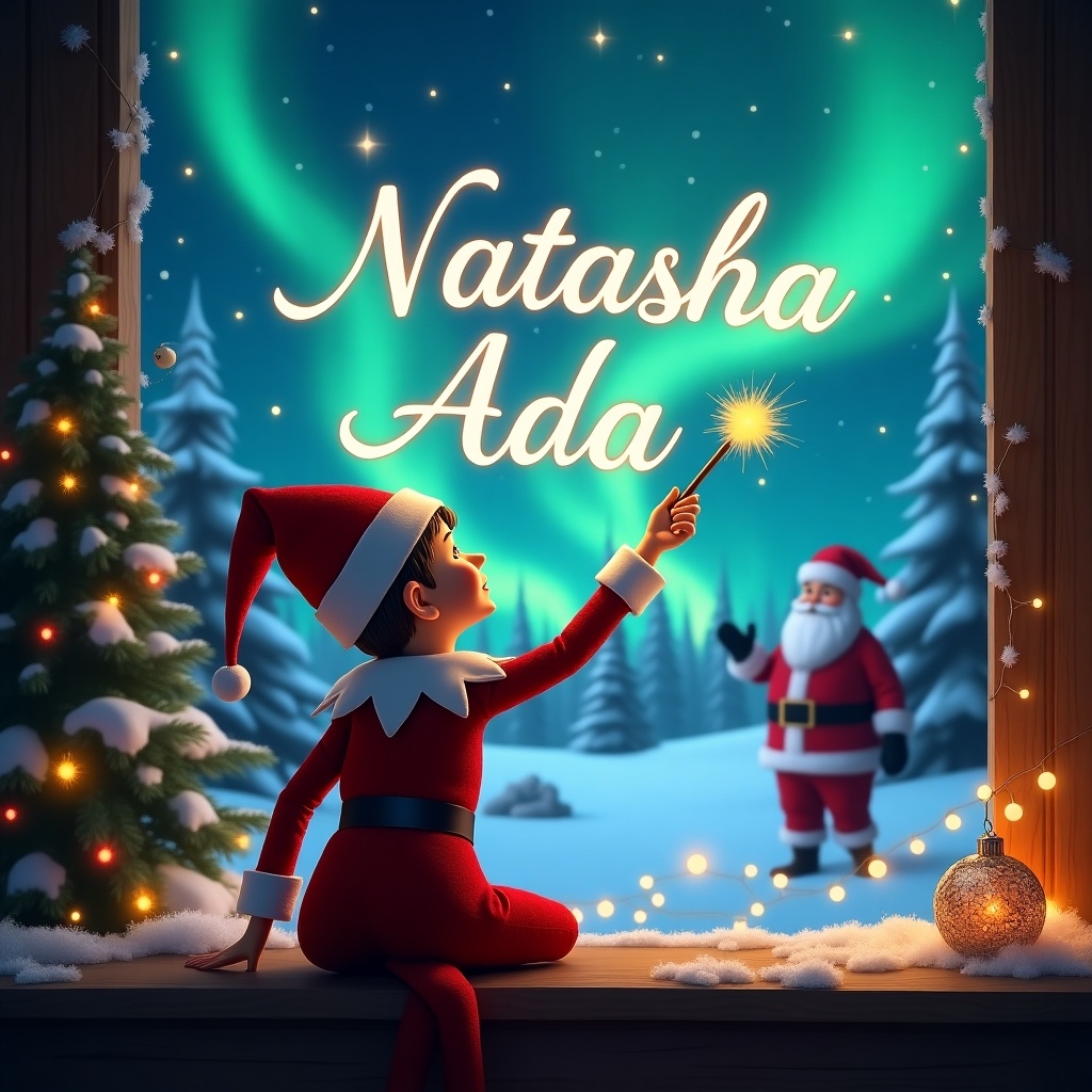 Elf on the shelf sits with back to viewer. Facing sky. Using wand to write names in the sky. Magical Christmas background. Northern lights. Santa visible. Names Natasha and Ada elegantly written in air.