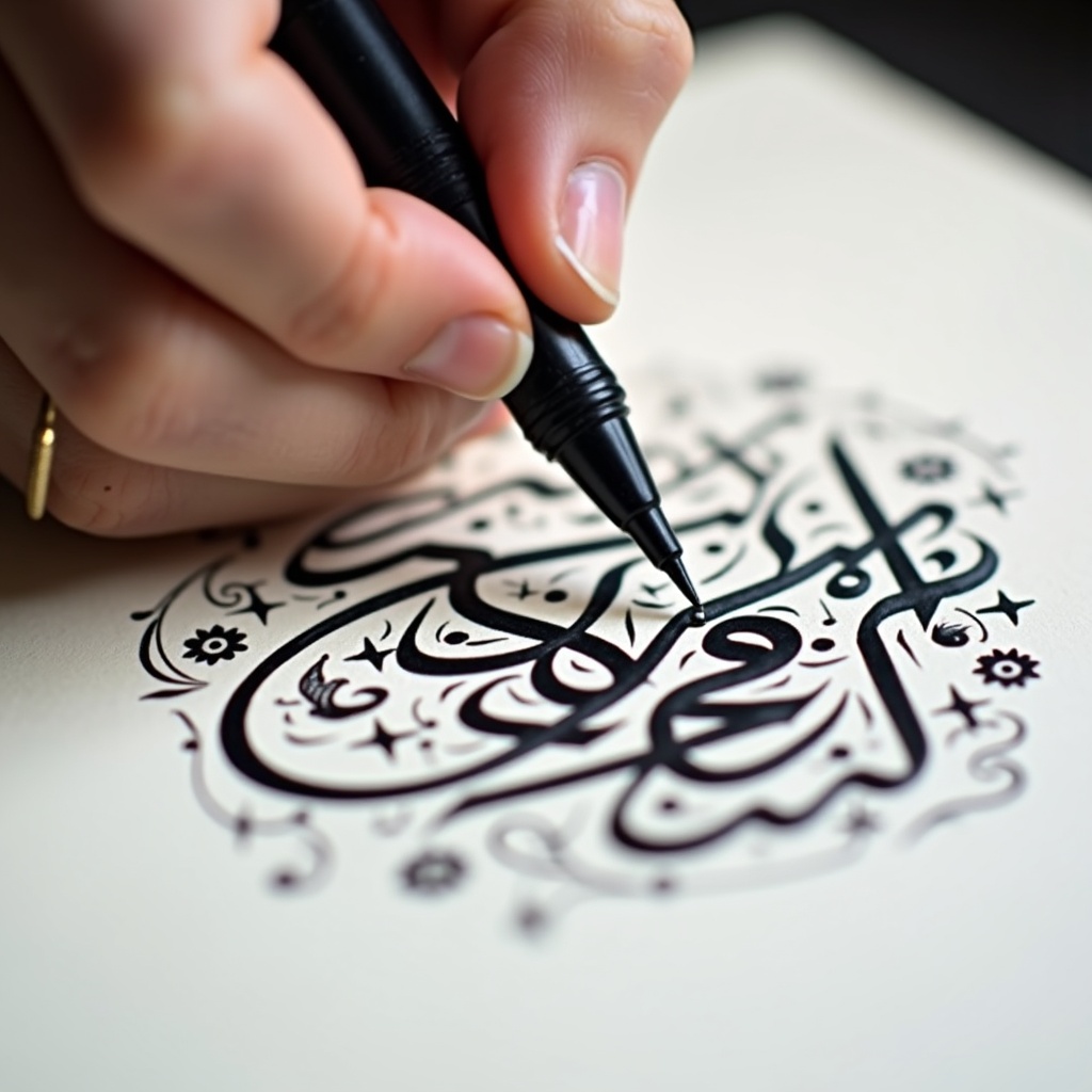 Close-up view of a hand using a pen to write Arabic calligraphy. Bold black ink on white paper. Hand is steady and focused on letters. Designs surround the main calligraphy. Soft lighting enhances the strokes.