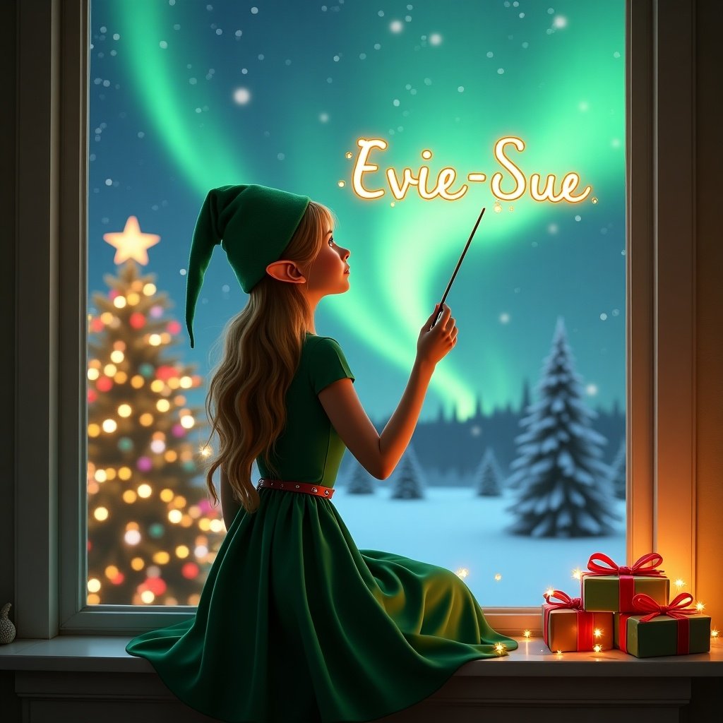 A female elf is sitting on a windowsill, gazing out at a magical Christmas scene. She wears a lovely green dress and a pointed hat, holding a wand with which she writes 'Evie-Sue' in the air. The window reveals a beautiful display of northern lights and a decorated Christmas tree. Nearby, there are colorful presents, adding to the festive feel. Soft, twinkling lights illuminate the space, creating a warm, enchanting atmosphere.