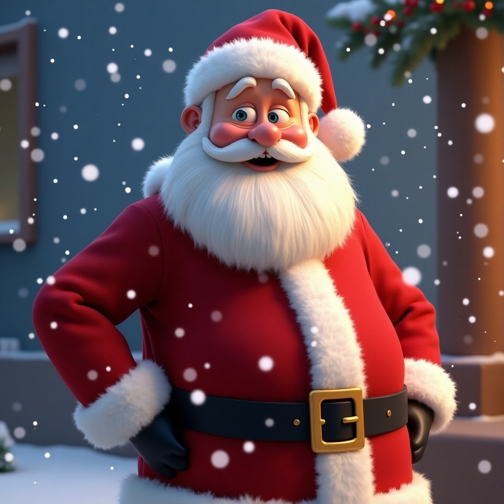 Santa Claus character in a Pixar style stands in a holiday setting. Dressed in a classic red Santa outfit. Gentle snowflakes fall around creating a festive mood.