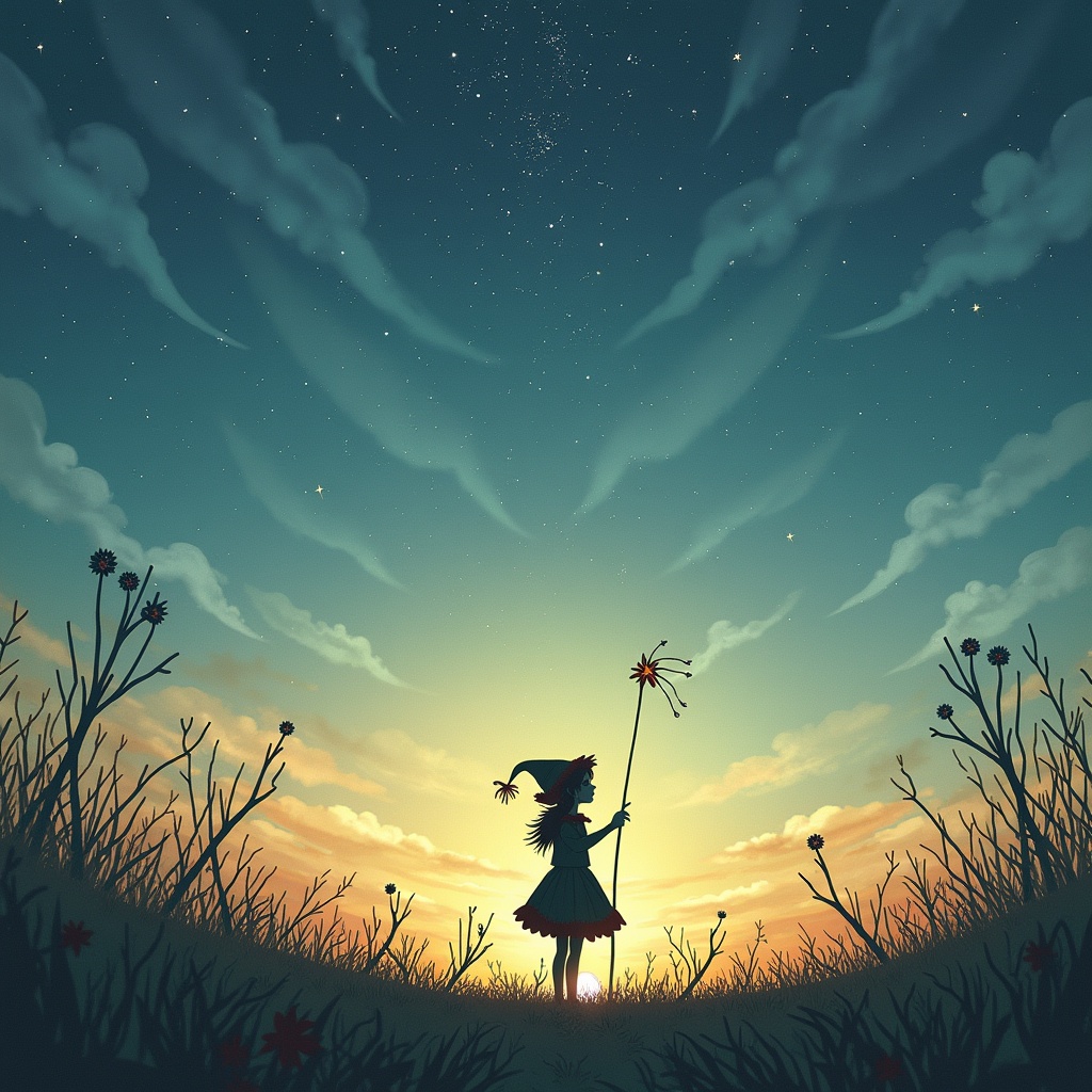 The image portrays a whimsical scene of a girl who appears to be an elf, standing on a grassy hill. She holds a wand that is writing in the sky, leaving a trail of sparkling magic. The background features a beautiful sunset with deep blue and warm orange hues, enhancing the magical atmosphere. Wispy clouds stretch across the sky, and stars are beginning to twinkle. Surrounded by wildflowers, the silhouette of the girl stands out against the glowing backdrop, adding to the enchanting vibe.