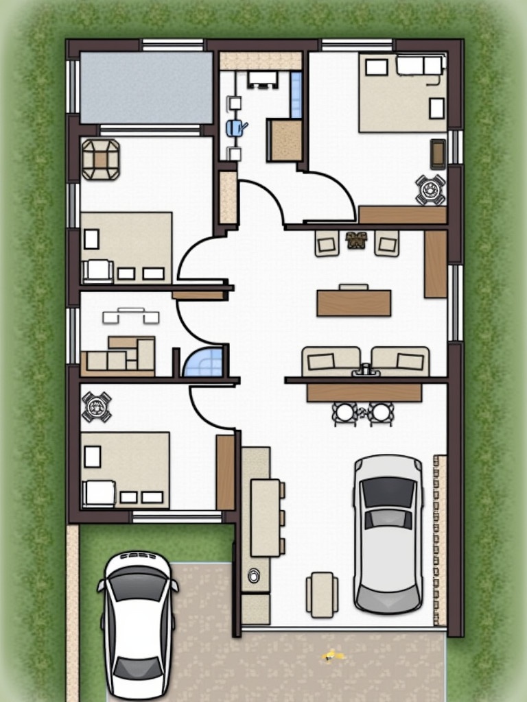 A top-down layout of a modern house. Dimensions are 12.20 meters by 8.55 meters and 15.80 meters by 8.55 meters. The layout includes 3 bedrooms. Common bathrooms are present. A sit-out area is included. A living room is part of the design. The kitchen features a storeroom. A dining hall is incorporated. A staircase leads to the upstairs. There is a designated car parking space.