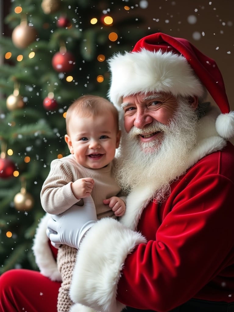 Cheerful Santa Claus holds a smiling baby. Santa wears a red suit. Background features a beautifully decorated Christmas tree. Snowflakes fall, enhancing the festive feel.