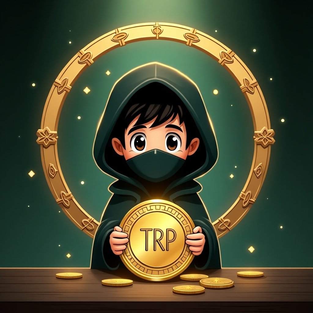 Cartoon young boy dressed in hooded cloak stands behind circular ornate frame. Frame decorated with mystical symbols. In front of him is a shiny coin that reads '$TRP'. Rich golds and deep greens create a dramatic atmosphere.