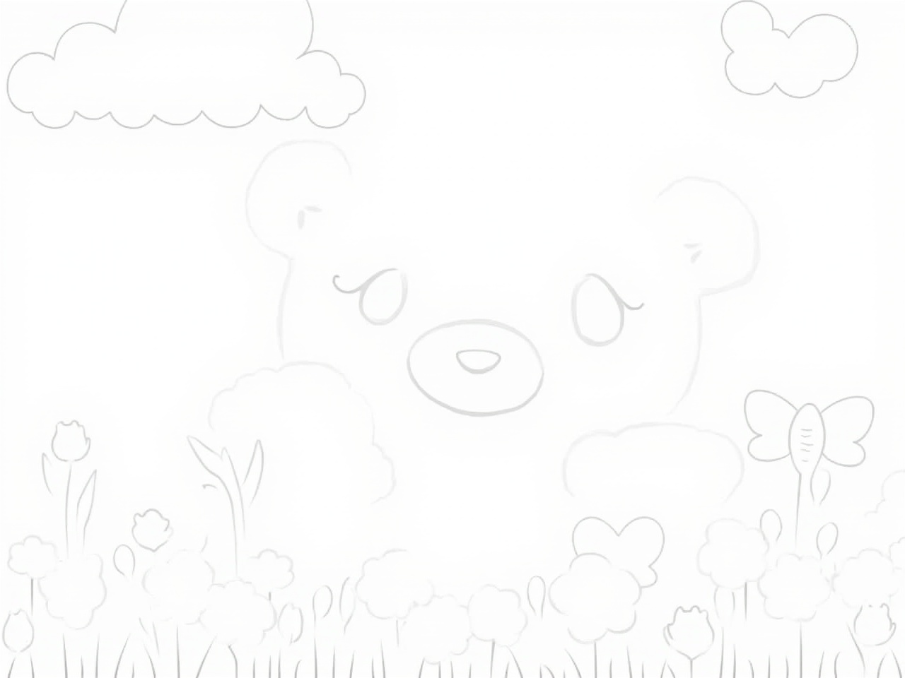 This image features a cute cartoon bear with large eyes and a small smile, outlined in black for coloring. It is set in a meadow filled with simple outlines of flowers and butterflies, creating a joyful atmosphere. The bear's round face is highlighted, ensuring it is child-friendly and appealing. Above the bear, fluffy outlines of clouds complete the cheerful scene. The overall design is made for young kids to enjoy coloring, fostering creativity and playfulness.