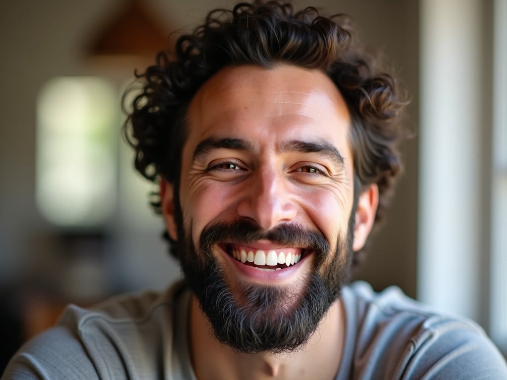 The image shows a man with a joyful smile. He has dark, curly hair and a thick beard. The background is softly blurred, giving focus to his face. He appears to be looking directly at the camera, creating a sense of connection. His expression conveys warmth and friendliness, making him look approachable. The lighting is soft, which adds to the overall pleasantness of the image. He is wearing a simple shirt, keeping the focus on his facial features. This image exudes a positive and welcoming vibe.