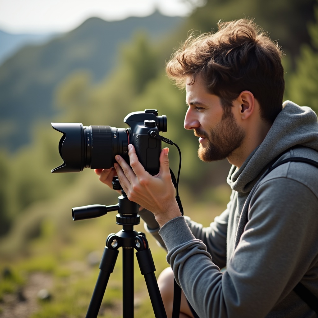 A person is adjusting a camera mounted on a tripod, focusing intently. The scene is set in a lush natural landscape with trees and hills in the background. Sunlight filters through the foliage, creating a warm atmosphere. The photographer wears a casual outfit and appears engaged in their task. This image captures the essence of outdoor photography and the joy of capturing nature's beauty.