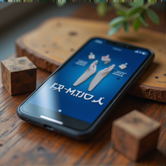 A smartphone on a wooden surface displays an image of stylish shoes against a blue background with decorative text.