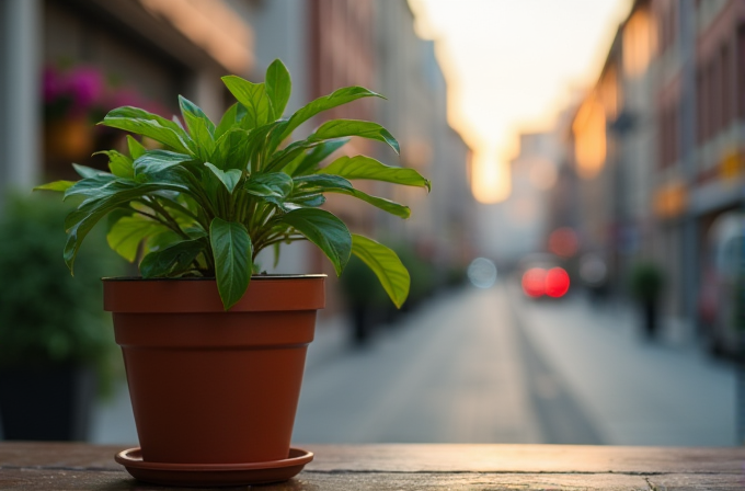 A potted plant with lush green leaves is set against a blurred urban street backdrop illuminated by a warm sunset glow.