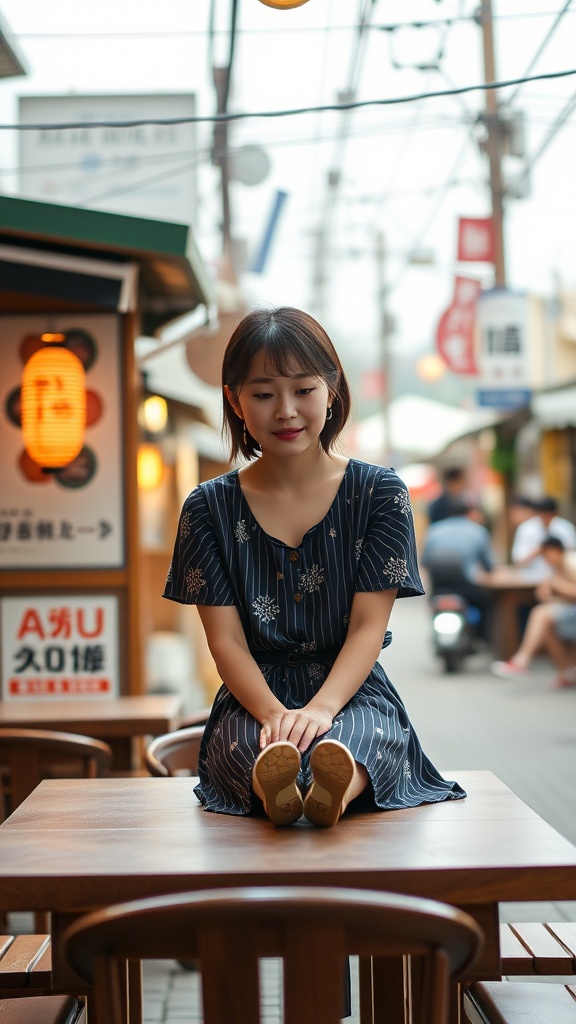 A young woman in a striped dress sits on a wooden table in a bustling city street, exuding calm amidst the surrounding activity. The soft lighting from the lanterns and blurred background creates a peaceful, almost serene atmosphere, contrasting with the vibrant life of the city. Her thoughtful expression draws the viewer into her introspective world.