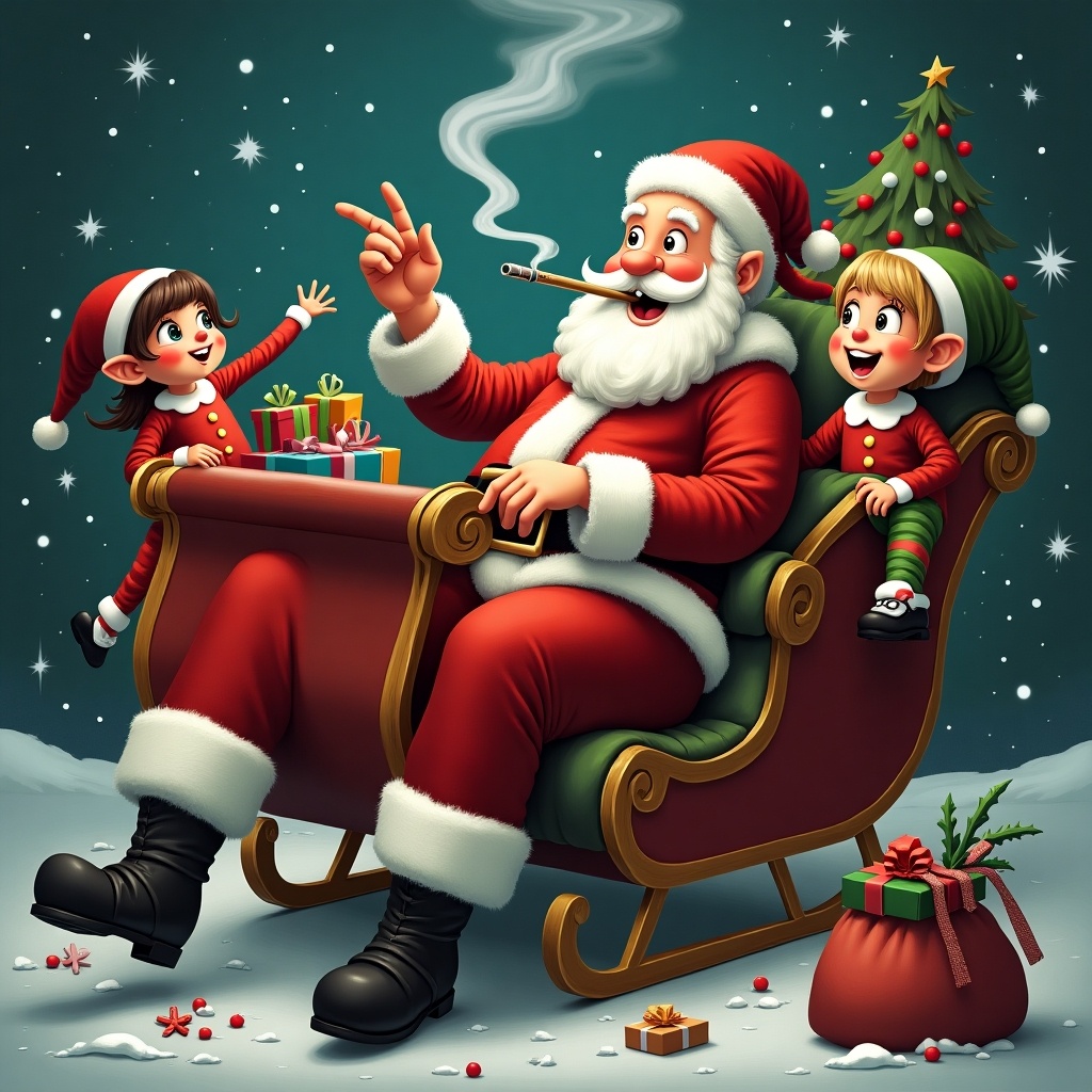 Santa Claus smoking a joint. Santa sitting in a sleigh. Two cheerful elves are nearby. Gifts are scattered around. Winter and festive atmosphere.