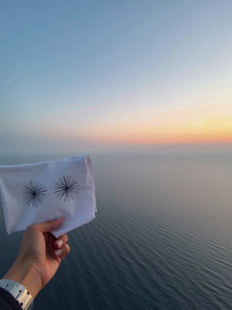 A hand holds a white cloth displaying two radial designs. The background shows a sunset over a calm ocean. Soft colors blend in the sky. The image evokes tranquility and contemplation.