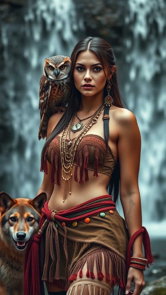 The image depicts a woman standing confidently with an owl perched on her shoulder and a wolf by her side, set against the backdrop of a cascading waterfall. Dressed in tribal-inspired attire adorned with beads and tassels, the woman exudes a sense of connection with nature. Her expression is serene yet powerful, suggesting a deep bond with the natural world around her.