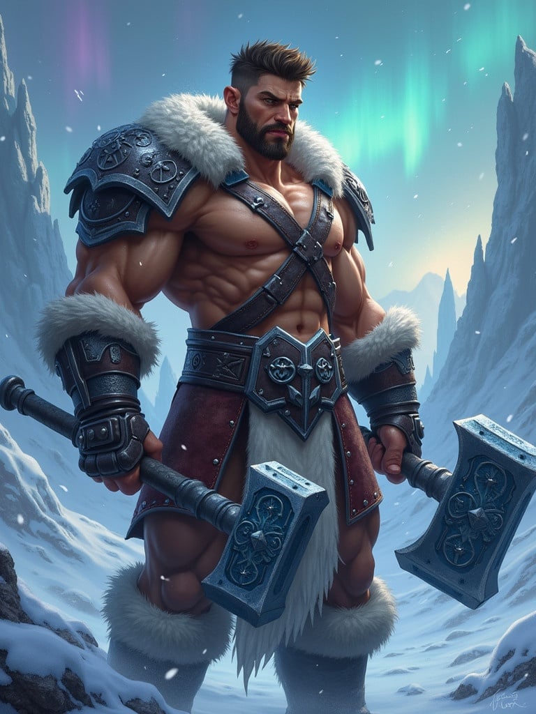 A strong Freljordian man stands in a frozen tundra. He wears fur-trimmed leather armor and holds a massive battle hammer. The hammer has an ancient anvil design with glowing frost runes. Snowflakes softly fall on his armor as jagged ice spires rise in the background. An aurora lights up the twilight sky above him.