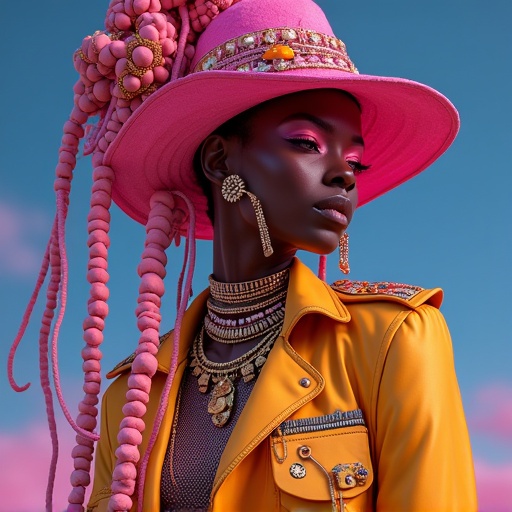 Futuristic avant garde couture with a focus on luxury and high impact. Features striking and artful elements from alternate dimensions. Includes galactic themes and opulent high fashion featuring a stylish model. Emphasizes details like sculptural couture and vibrant accessories.