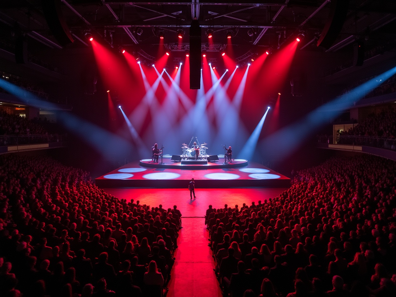 This image captures a vibrant concert scene featuring the band on stage at Madison Square Garden. The stage is illuminated with dramatic red and white lights, creating a captivating atmosphere. A large audience fills the venue, reflecting the energy of the live performance. In the foreground, the T-stage runway captures attention as it extends towards the audience. The aerial perspective offers a unique view, highlighting both the performers and the crowd. The overall ambiance conveys excitement and anticipation among fans.