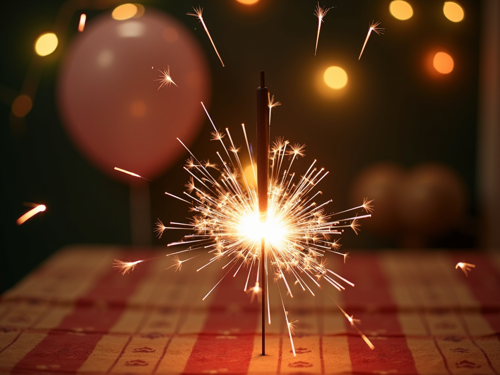 A bright sparkler is lit on a plaid tablecloth, surrounded by blurred lights and a pink balloon.