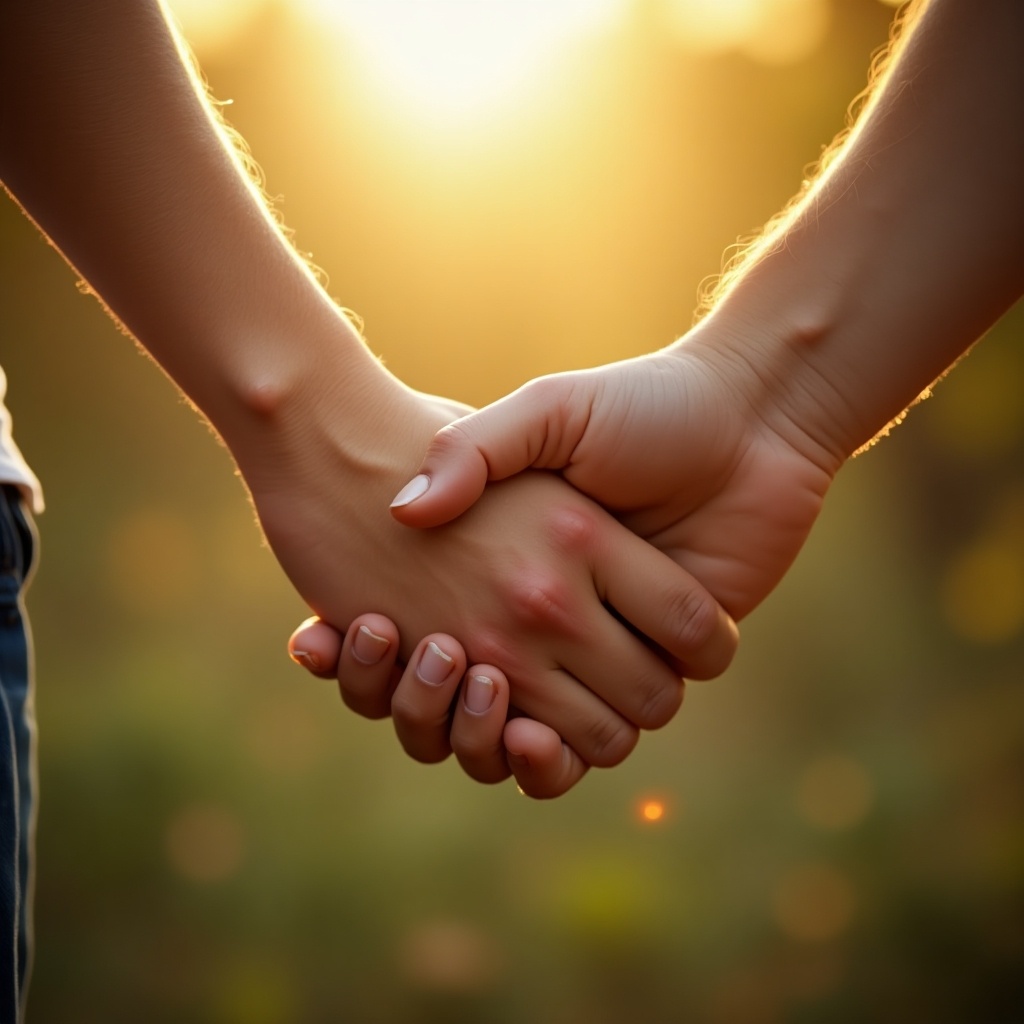 Image features interlocked hands of two people. Close-up perspective highlights grip details. Beautiful natural background softly lit by warm sunlight creates intimate atmosphere. Earthy colors enhance emotional impact.