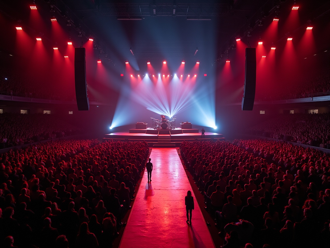 The image depicts a vibrant concert scene at Madison Square Garden featuring Travis Scott on stage. The view is captured from a drone, showcasing a T-shaped runway extending into the audience. Bright red and blue lights illuminate the stage, creating a dynamic atmosphere. Thousands of fans can be seen in attendance, eagerly watching the performance. The lighting design adds dramatic flair, emphasizing the scale of the event.