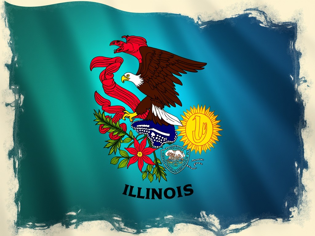 This image features an artistic rendition of the Illinois state flag, showcasing a stylized eagle grasping a red ribbon with its talons. The ribbon bears text, and the eagle is placed over a shield, surrounded by a branch and a colorful yellow sun. The word 'ILLINOIS' is inscribed below the eagle, set against a textured teal and blue background with worn edges, giving the image a vintage feel.