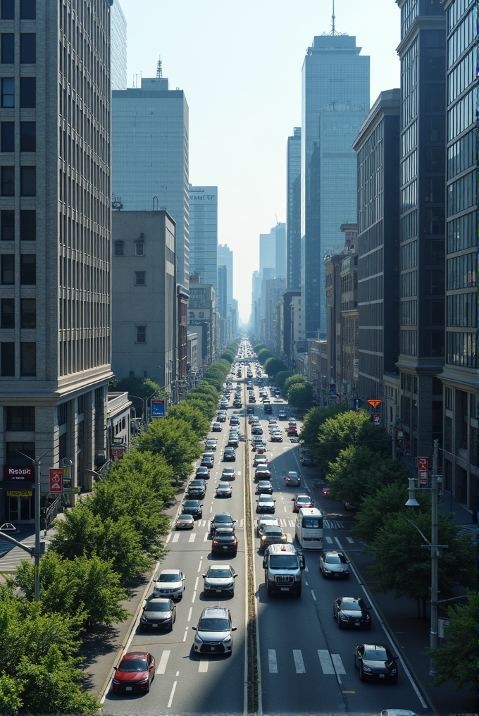 A busy urban street lined with tall skyscrapers, with numerous cars driving along surrounded by greenery.