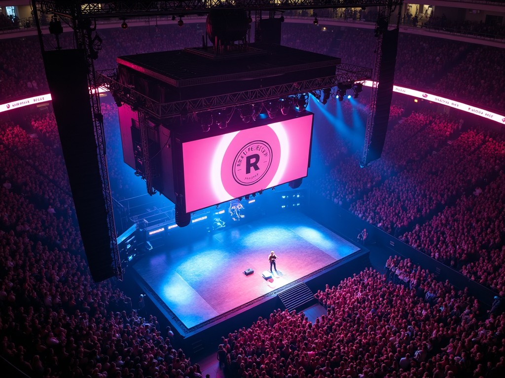 The image captures a vibrant concert scene at Madison Square Garden featuring Roddy Rich. The aerial view showcases the grand scale of the event, with a large crowd illuminated by colorful stage lights. A T-stage runway extends from the main stage, enhancing the performer’s connection with the audience. The atmosphere is electric, and the lighting creates a striking visual impact. This setting reflects the excitement and energy of live music performances.