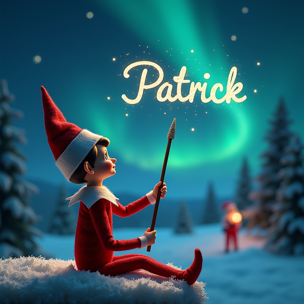 An enchanting Christmas scene features an elf on the shelf. The elf sits gazing upwards with a wand. It writes the name 'Patrick' in the night sky. Background has northern lights and a distant Santa Claus. Snow blankets the ground.