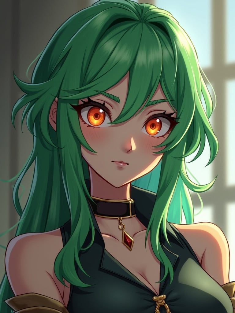 Female character from Arcane League of Legends with green hair and orange eyes. Character wears a choker. Style reflects Zaun aesthetics.