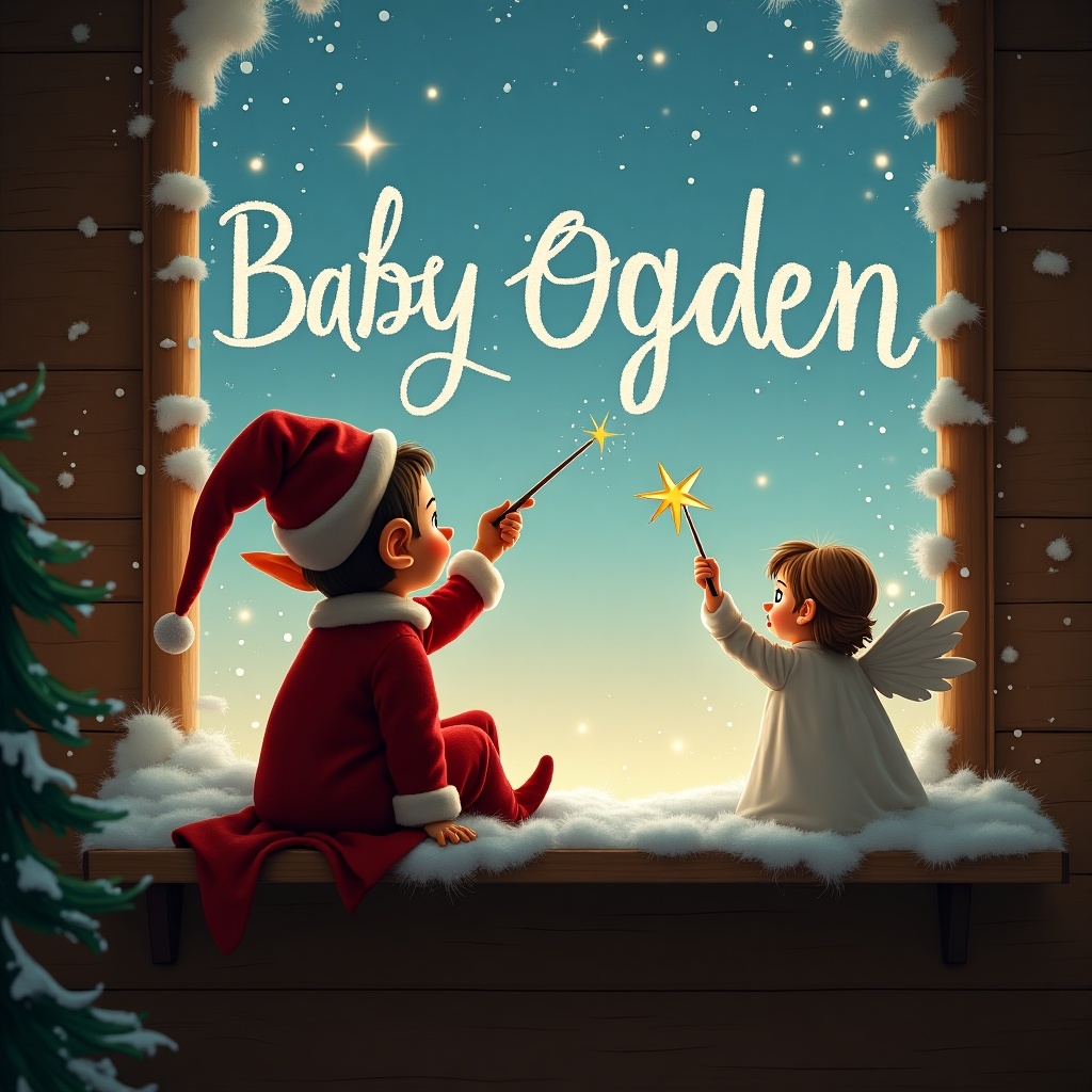 This image features a cheerful elf on the shelf with his back turned, joyfully using a wand to spell out 'Baby Ogden' in the magical evening sky. Next to him sits a charming angel, adding to the festive spirit. The backdrop reveals a stunning Christmas scene, complete with soft snowflakes falling against a tranquil blue sky. The setting suggests a cozy cabin scene, evoking feelings of warmth and joy during the holiday season. This illustration captures the essence of Christmas magic and wonder, perfect for children and families.