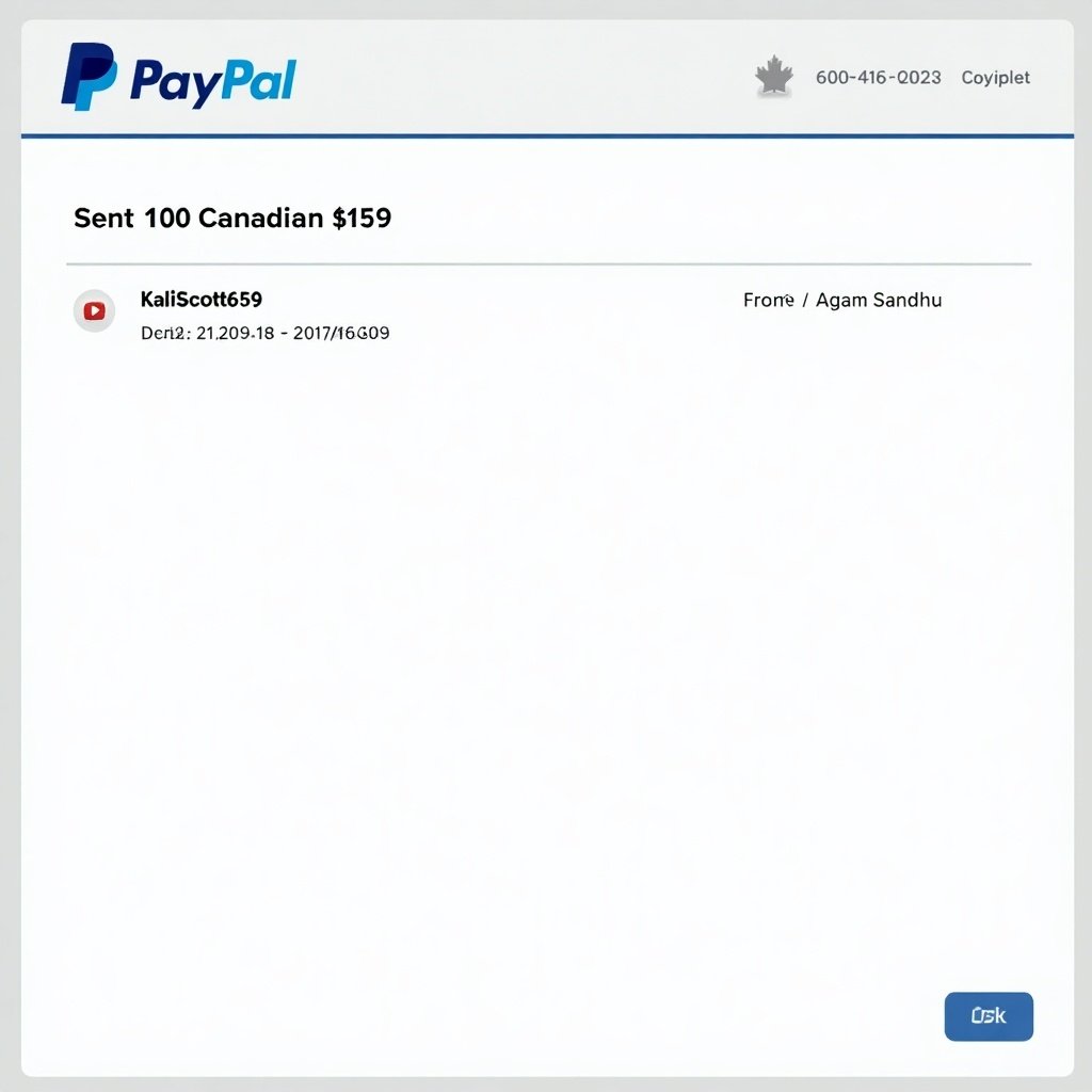 Screenshot of a payment confirmation in PayPal. Amount of payment is 100 Canadian dollars. Recipient is KaliScott659. Sender is Agam Sandhu.