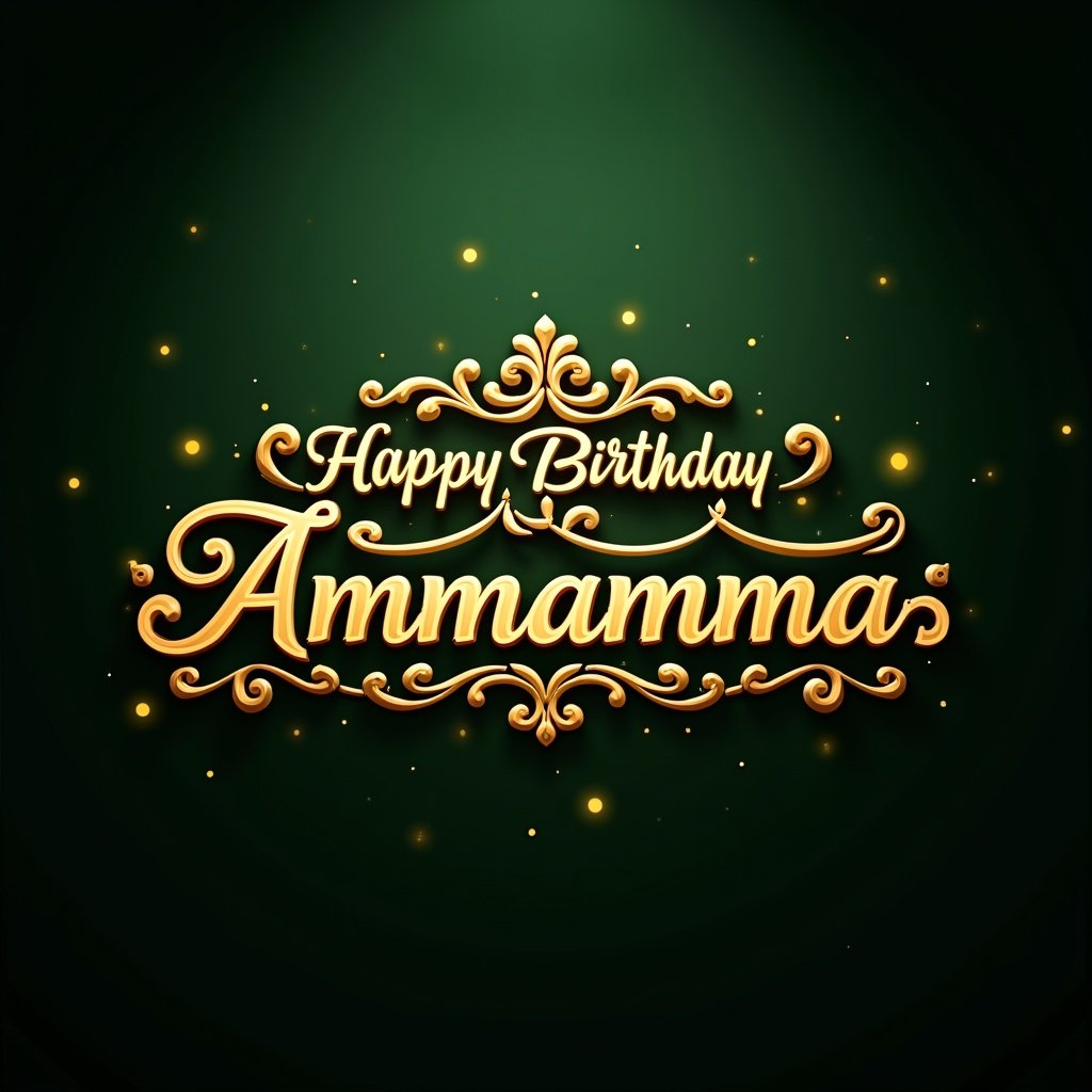 Richly embellished golden lettering saying Happy Birthday Ammamma against a dark green background with glowing particles