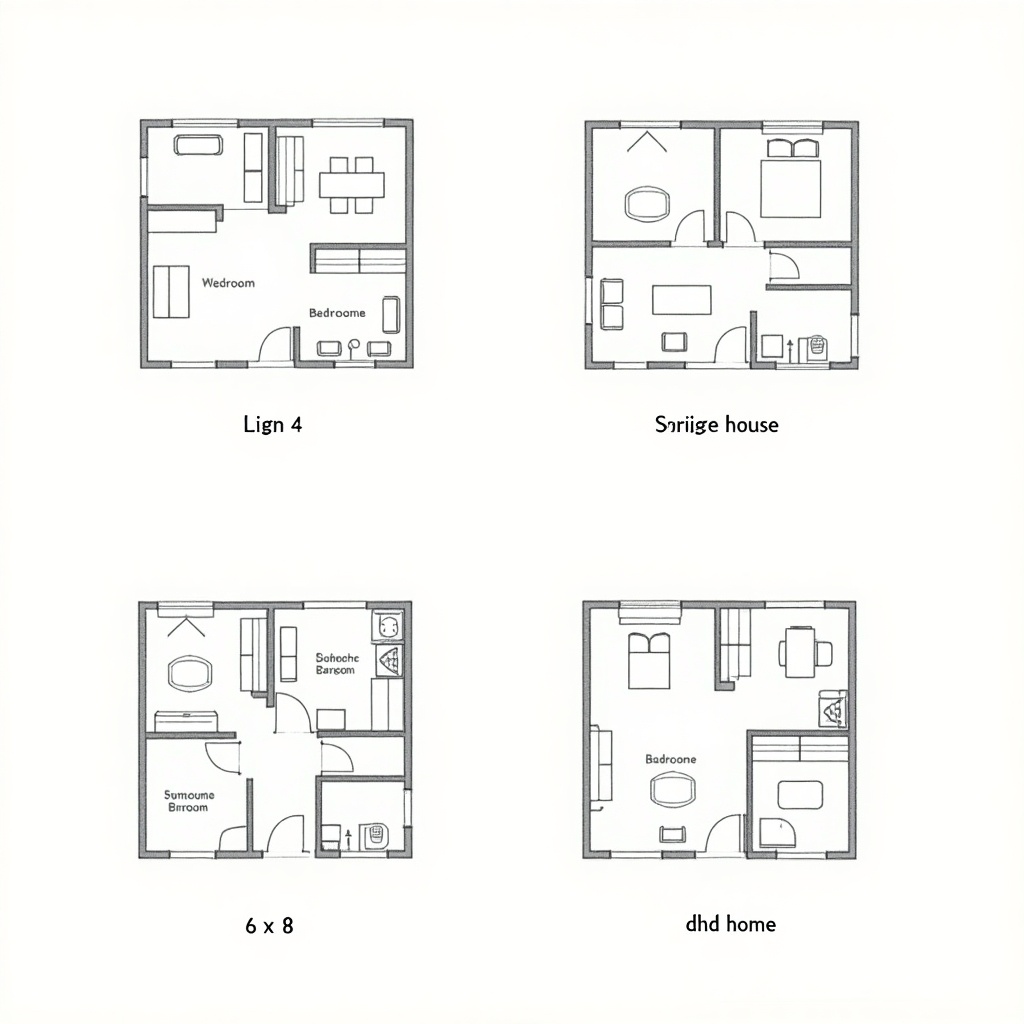 Illustrations of four distinct house layouts. Each layout measures 6 x 8 squares. Labeled layouts include Lign 4, Srijge house, 6 x 8, and dhd home. Show unique arrangements of rooms and furniture.