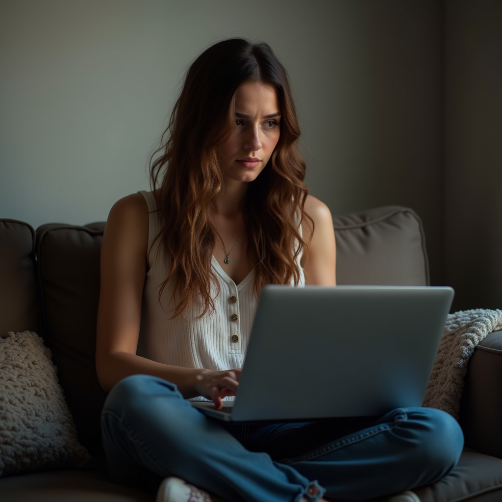 A woman sits on a couch, deeply focused on her laptop in a softly lit room.