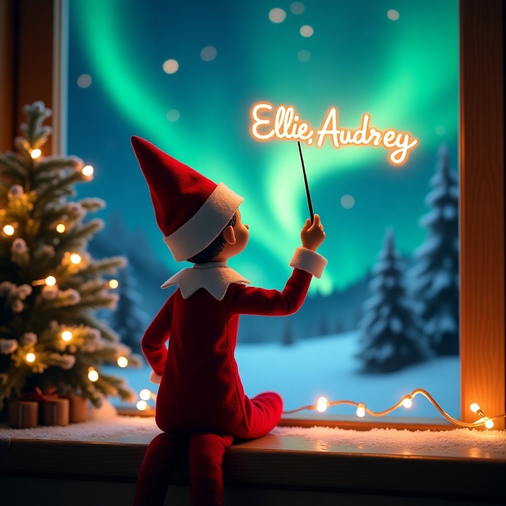 An enchanting Christmas scene featuring an elf on the shelf faced towards a vibrant sky. The elf is dressed in red and white. The elf wields a magic wand, writing 'Ellie, Audrey' in glowing script. The backdrop contains vibrant northern lights. The scene portrays Christmas spirit with a whimsical twist. The position and action create wonder and excitement.