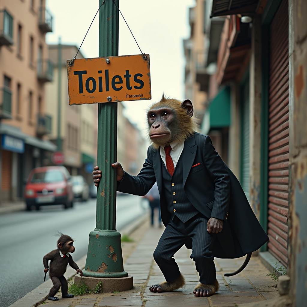 A large monkey and a small monkey wearing suits stand under a 'Toilets' sign on a city street.