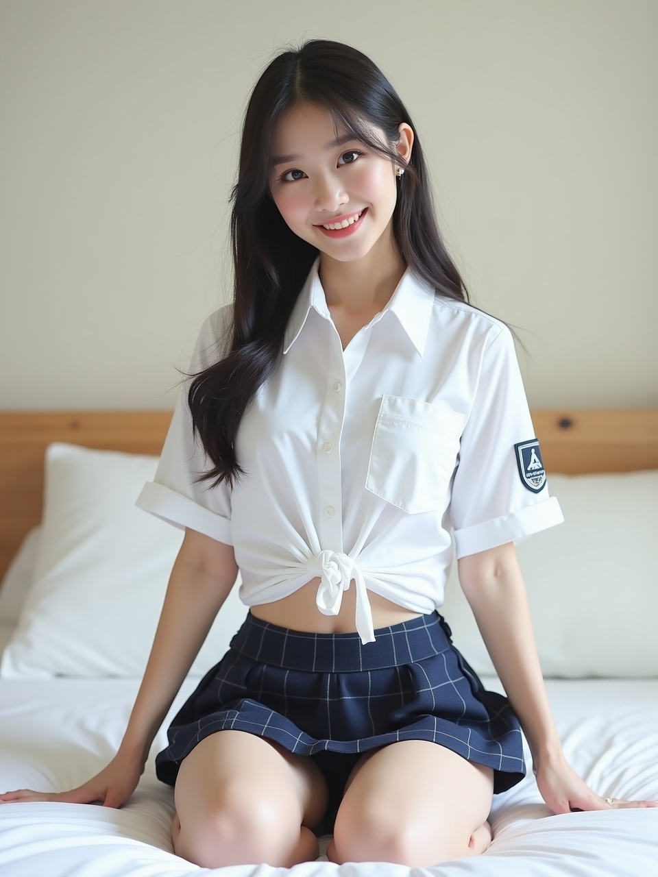 A young woman sitting on a bed, wearing a school uniform with a white shirt and plaid skirt, smiling with a pleasant expression, in a softly lit room.