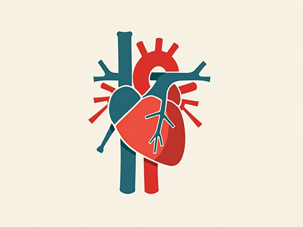 The image is a stylized illustration of a human heart, featuring a playful color palette of red and teal against a pale background. The simplified shapes and bold lines give it a modern, abstract feel, emphasizing the anatomical structures like arteries and veins. The use of contrasting colors highlights different parts of the heart, adding an educational yet artistic touch.