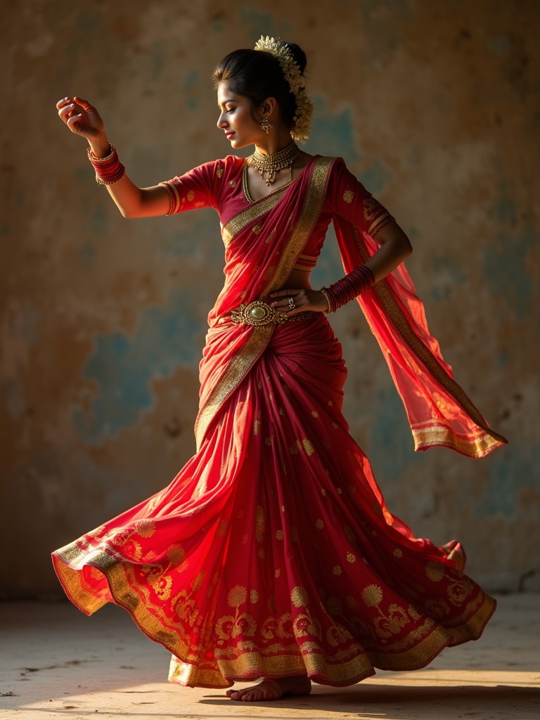 Beautiful Indian woman wearing a red saree and dancing. The saree is embellished with golden patterns. She poses elegantly in a classic dance position. Ambient light creates a soft glow. The background is textured, with warm tones that complement the subject.