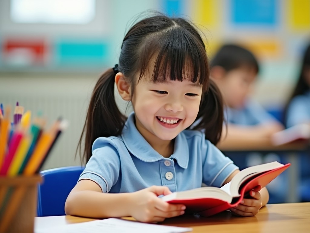 A cute second-grade girl in a Kowloon Ling Guang Primary School uniform is deeply engaged in reading a book. Her smile radiates joy and curiosity as she browses through the pages. The classroom is bright and colorful, filled with educational materials. Other children can be seen in the background, also engaged in their studies. The scene captures the essence of learning and the joy it brings to young students.