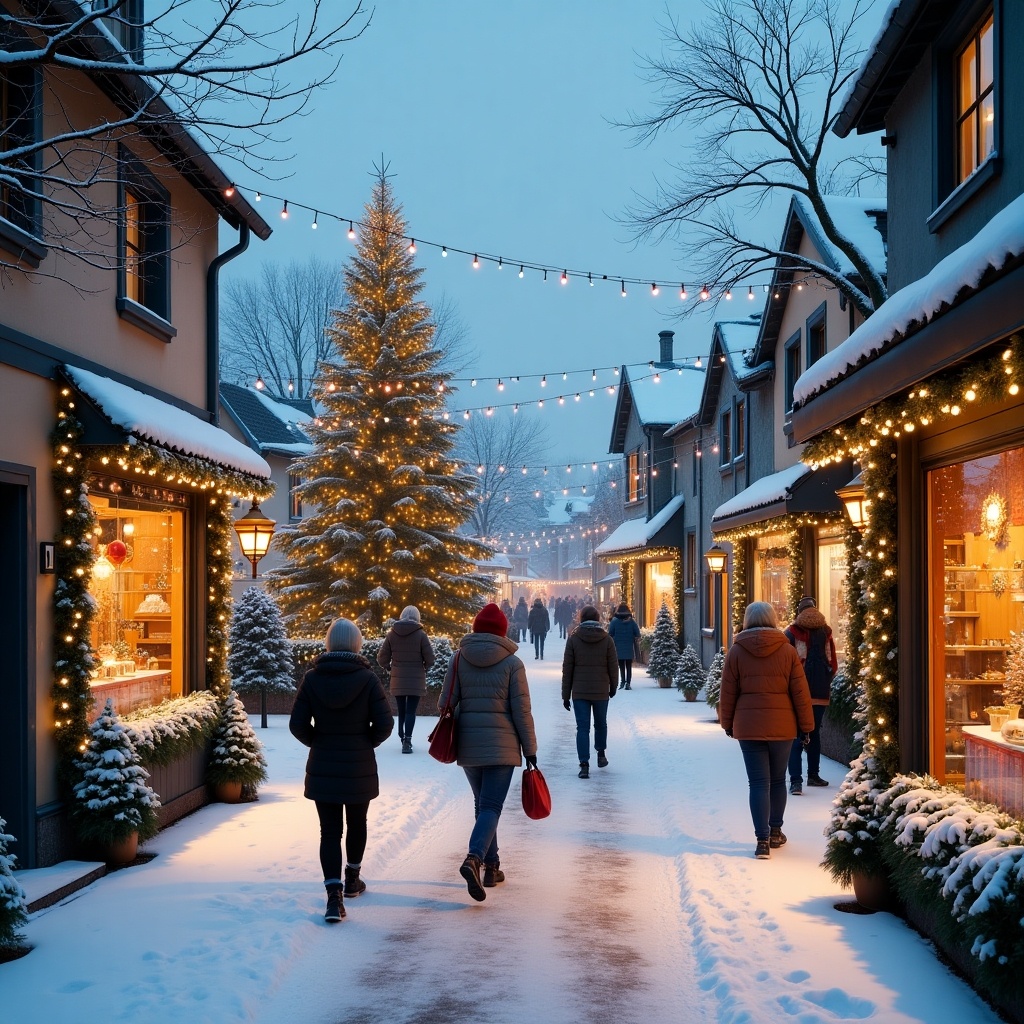 A winter scene depicting a Christmas market. People walk through a snowy street lined with shops. A beautifully lit Christmas tree stands in the center. Warm lights illuminate the surroundings.