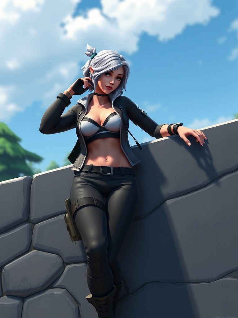 A stylized female character with white hair and combat gear leaning casually against a stone wall, set against a bright blue sky with fluffy clouds.