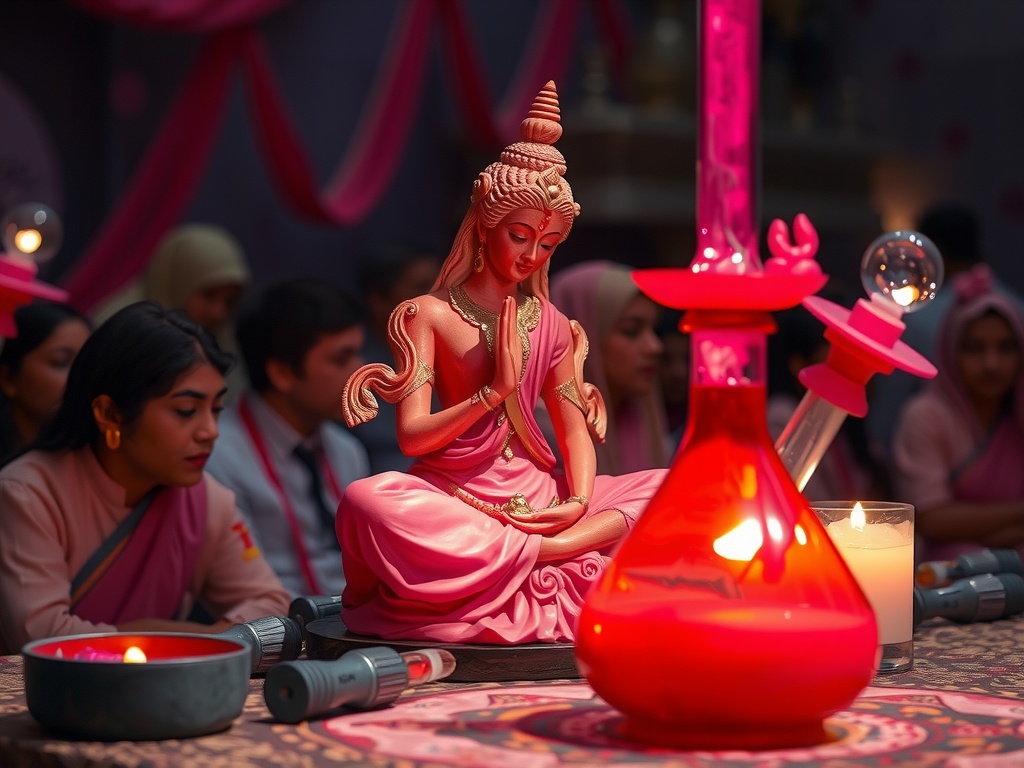 A serene, pink-toned gathering featuring a meditative statue with people in traditional attire.