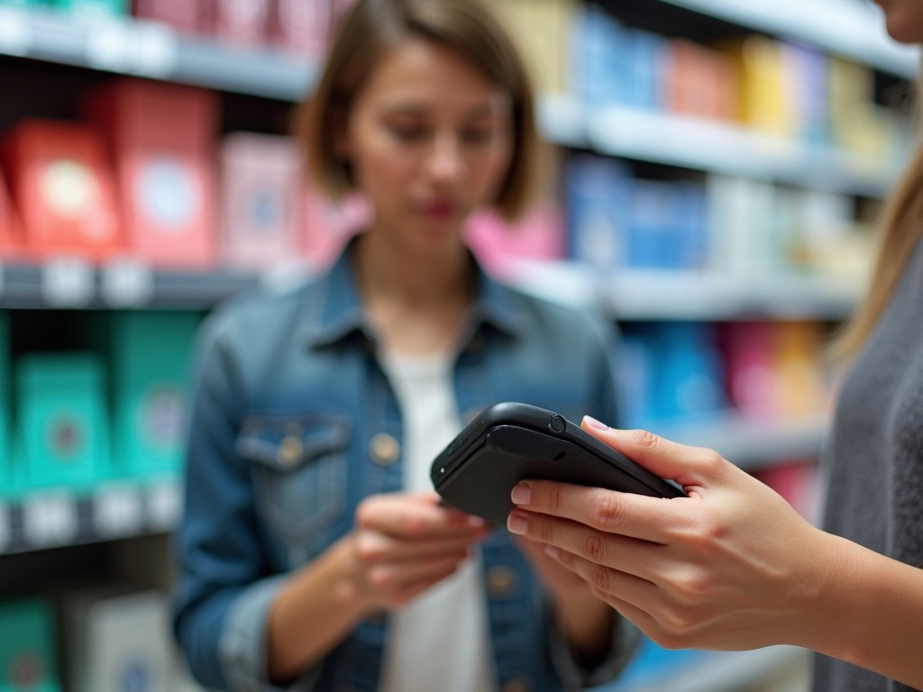 A person is holding a card payment machine while standing in a retail store. The individual is focused on the device, possibly processing a transaction. The background features colorful product displays on shelves, creating a vibrant shopping atmosphere. The lighting is bright, highlighting the device in the person's hands. This setup represents modern retail technology and the payment process. The shopping environment shows how technology enhances customer experiences in retail.