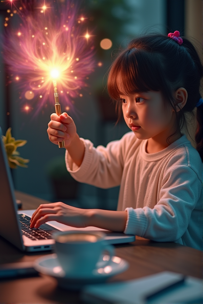 A young child in a cozy, dimly lit room holds a glowing wand next to a laptop, as magical sparkles illuminate her surroundings.