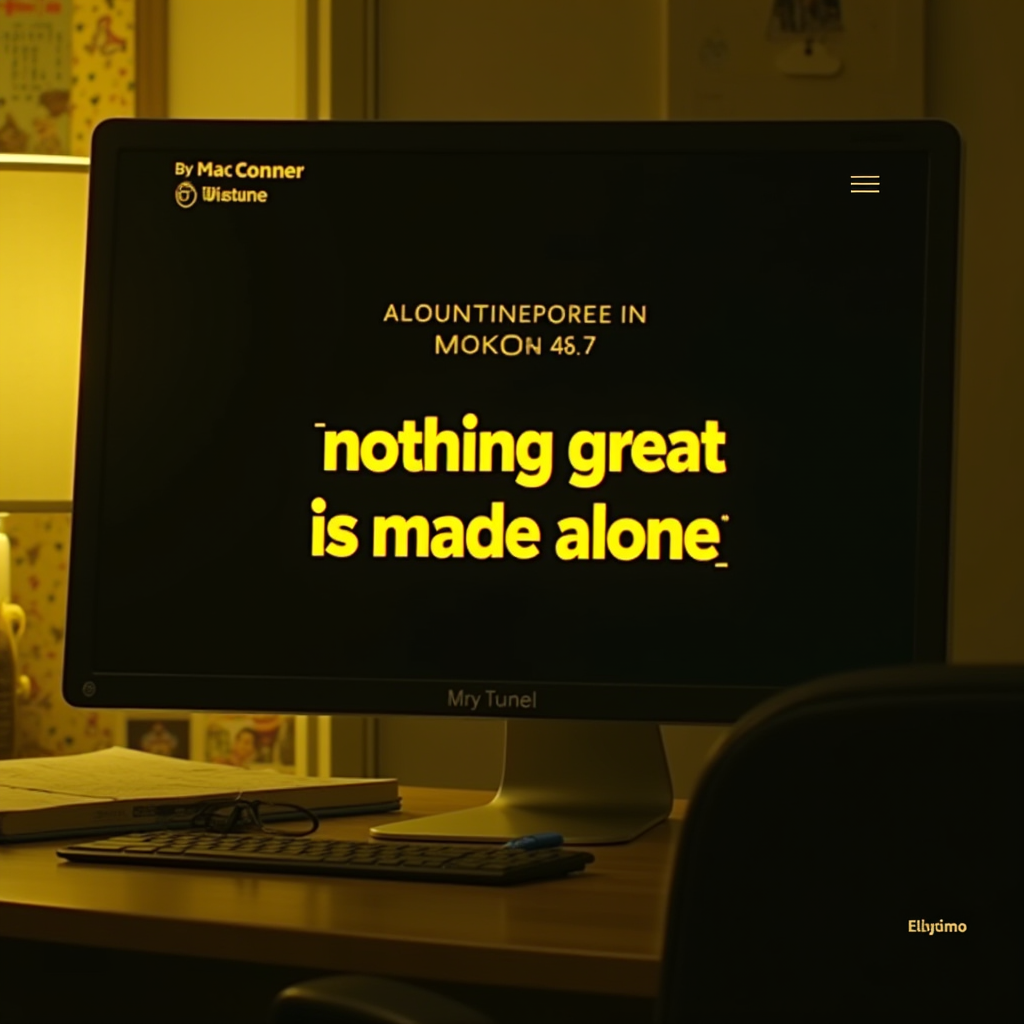 A computer screen displays the message 'nothing great is made alone' in yellow text on a dark background.