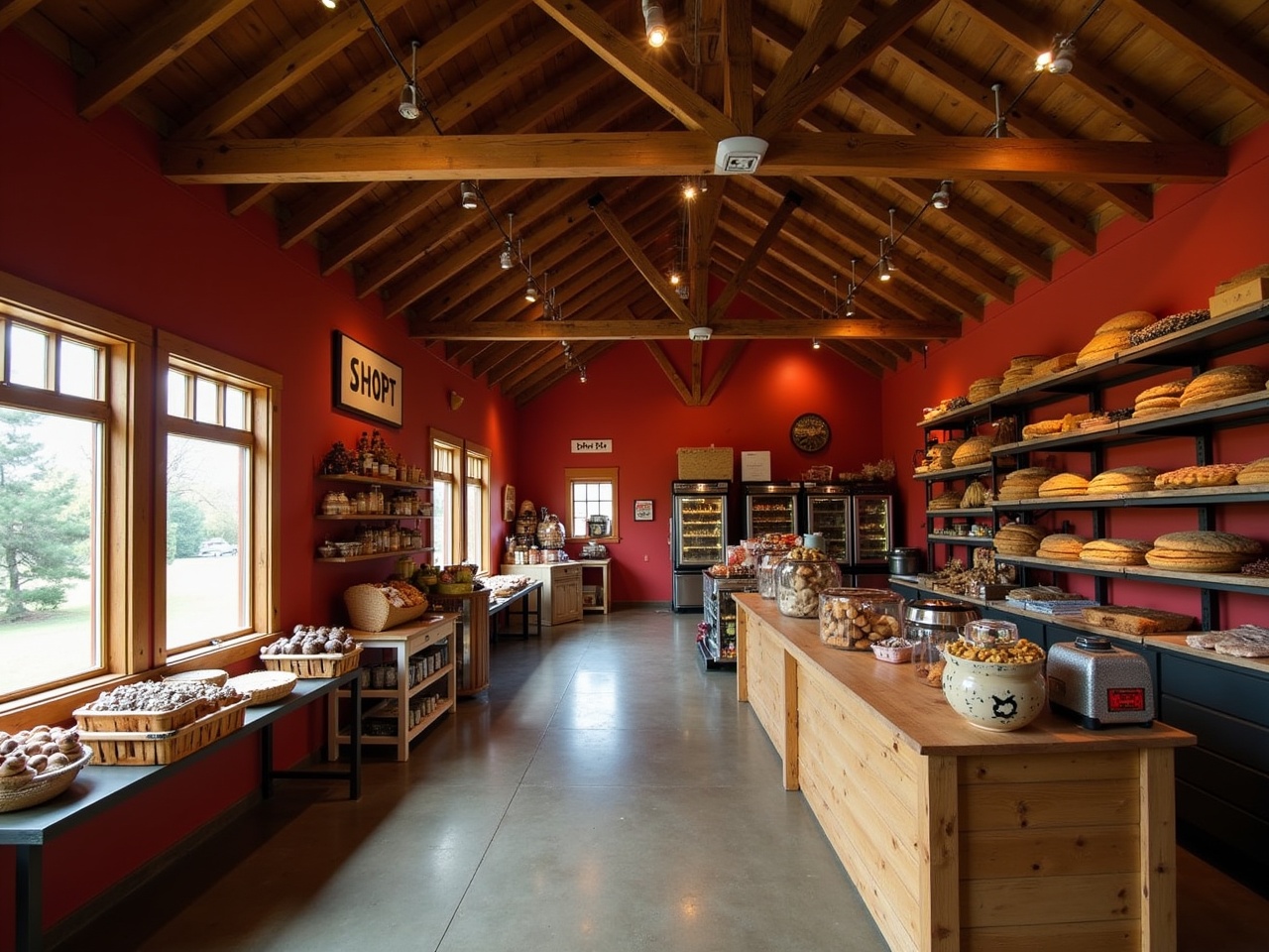 The image showcases the interior of a vibrant red barn converted into a charming store. It features a lovely wooden counter filled with a variety of fresh produce and baked goods. The high, wooden ceiling adds an inviting atmosphere, while large windows allow natural light to fill the space. Shelves are lined with an assortment of bakery items, highlighting a rustic yet modern feel. This setting promotes the local farming community and offers a glimpse into sustainable shopping habits.