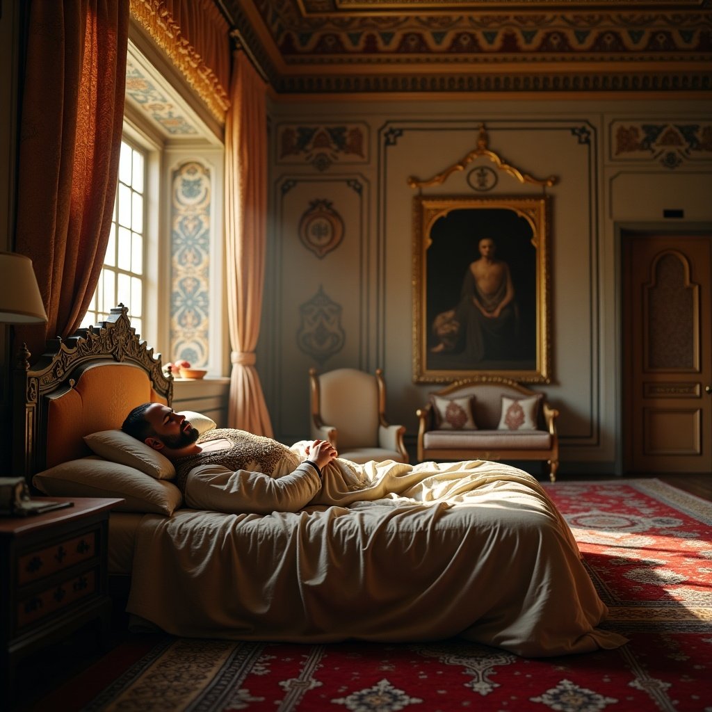 Muslim king sleeps on bed in grand palace room. Richly decorated with curtains and paintings. Soft light enters through window. Luxurious decor and ambiance.