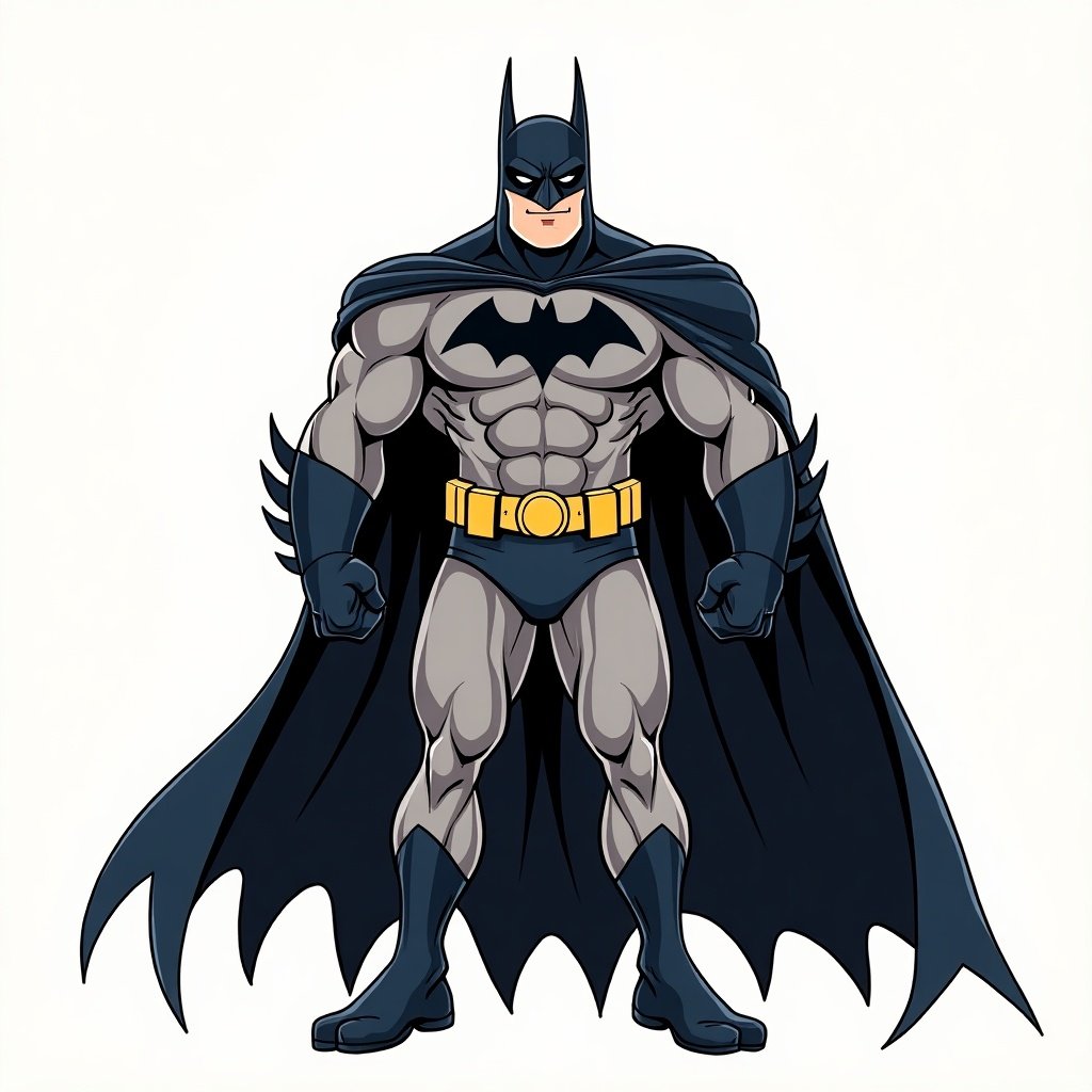 Full body vector illustration of muscular character in Batman costume. Showcase muscular definition and costume details. Facial expression shows confidence and humor. Use bold lines and vibrant colors. Keep background simple.